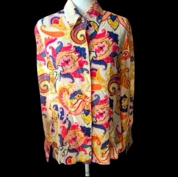 Rene Margo 100% Silk Pink/Blue/Yellow Button Down Blouse Retro Paisley Print M - Picture 1 of 9